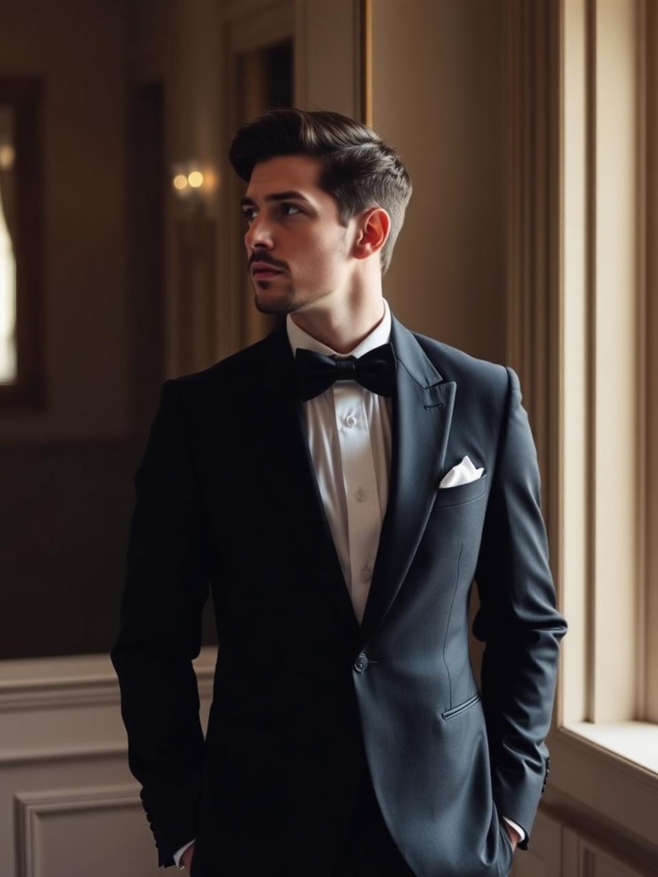 Novio elegante junto a la ventana
