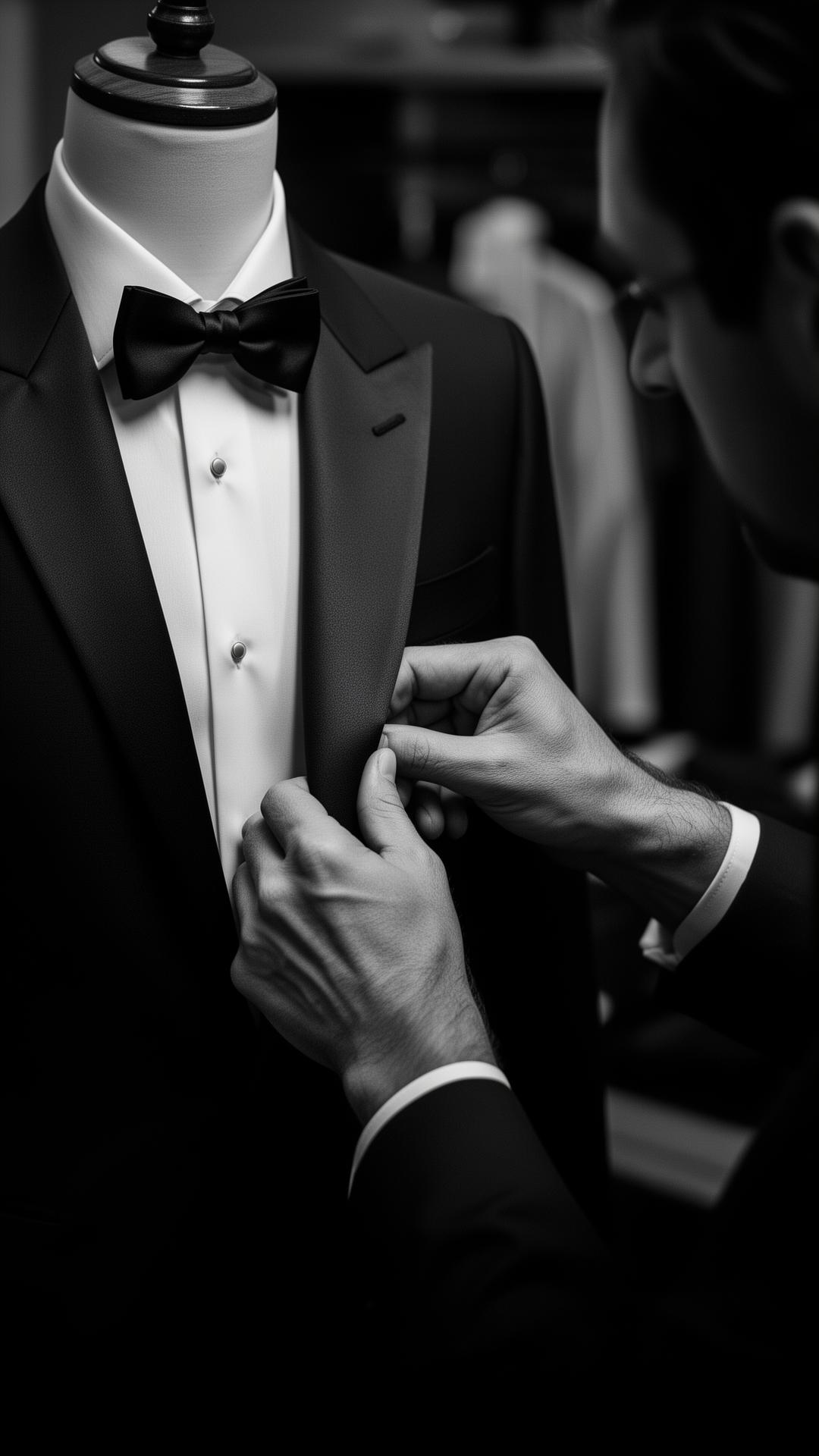 Sastre ajustando un tuxedo en el atelier